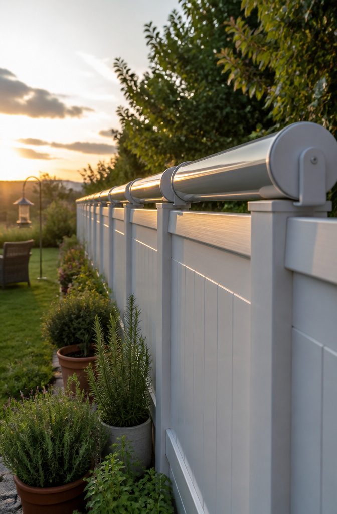 Close-up of a fence with coyote rollers installed.