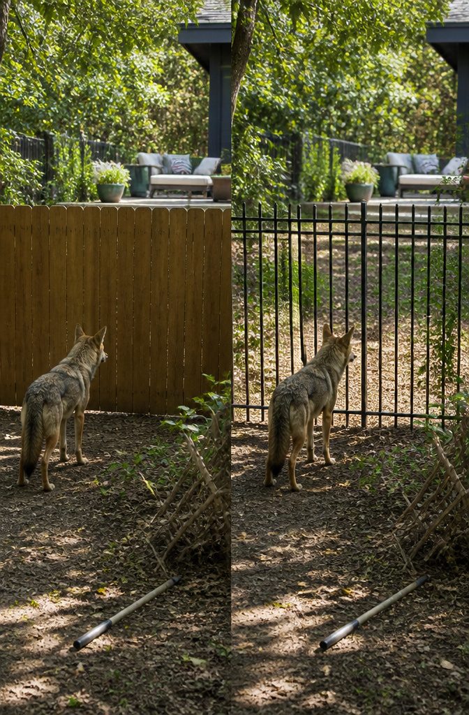 Solid wooden fence with no footholds for coyotes.