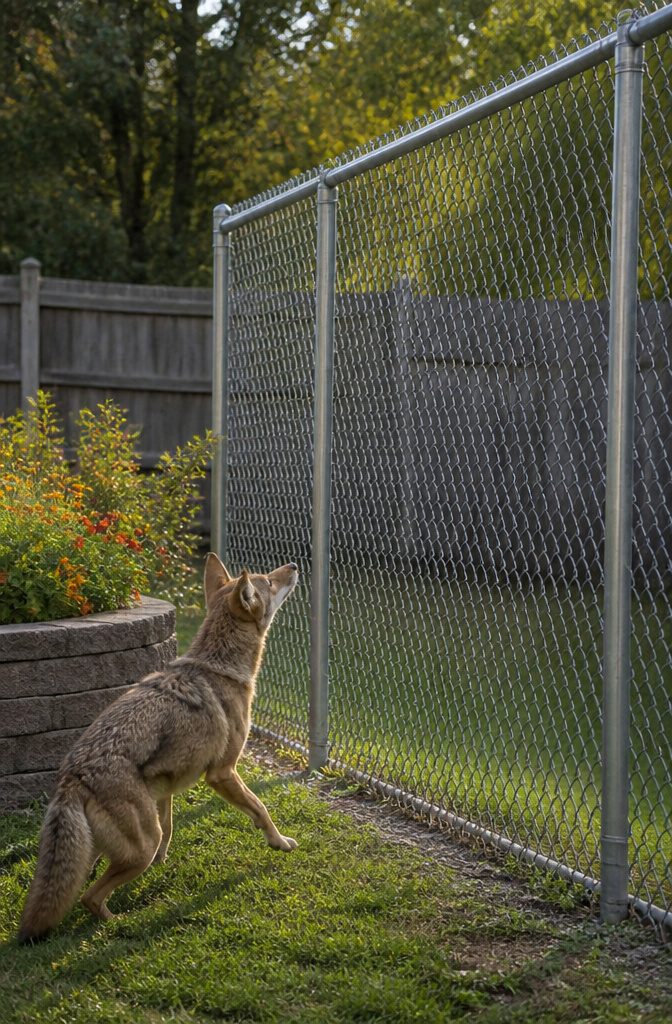Coyote at the base of a 6-foot chain-link fence.