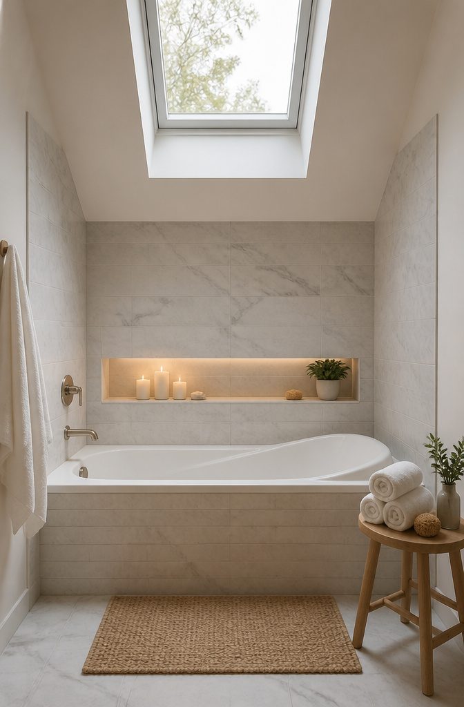 A photograph of a 66-inch tub in a stylish alcove.