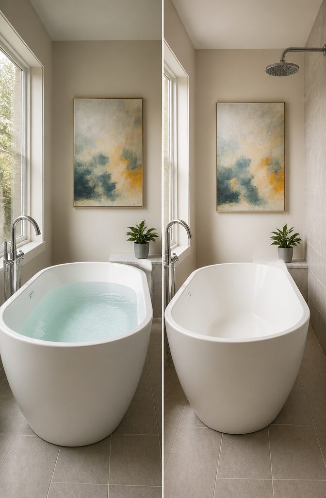 A filled bathtub and a showerhead illustrating water usage.