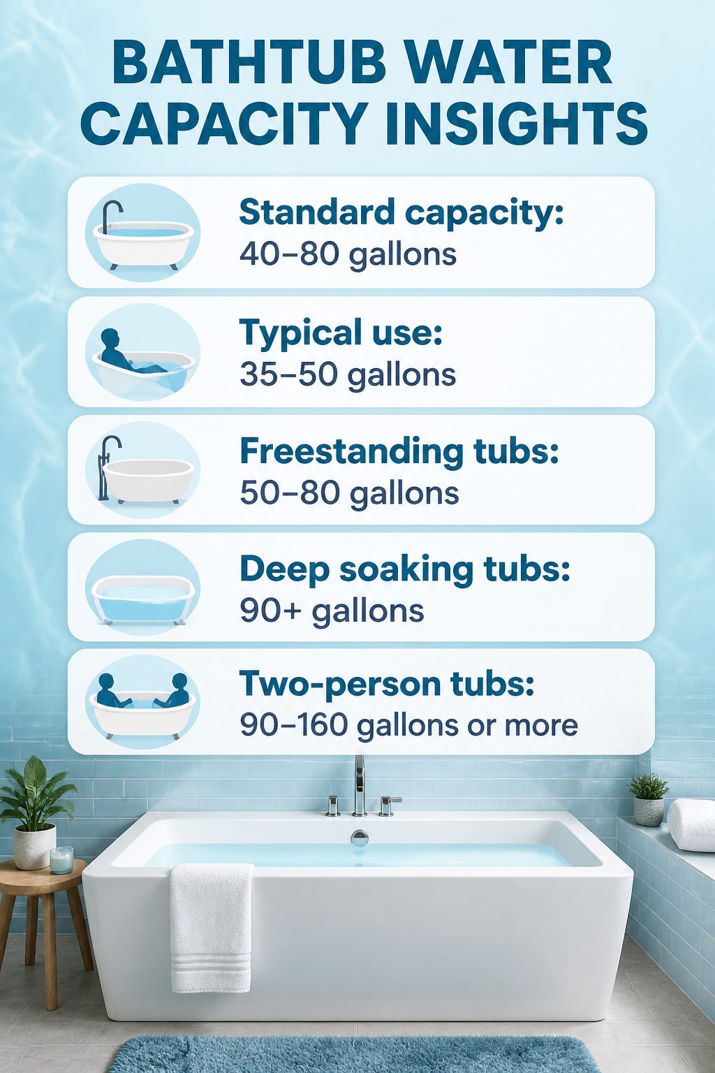 An information image showing bathtub water capacity insights.
