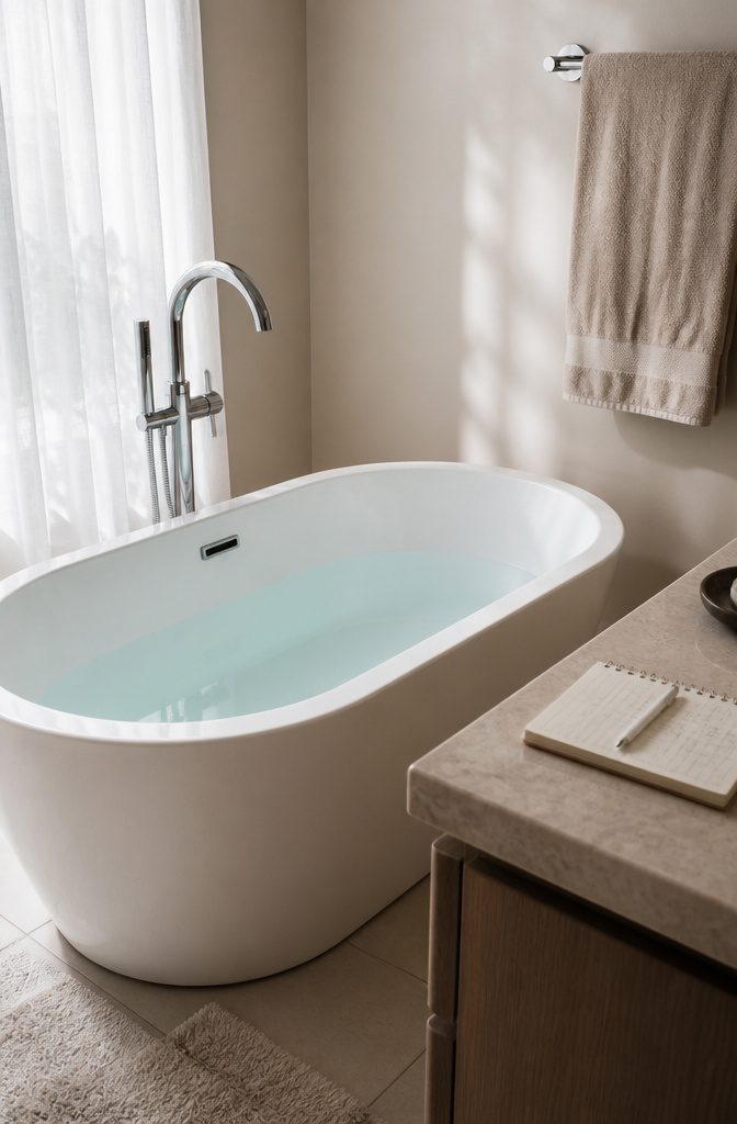 A filled bathtub showing a marked fill line and modern faucet.