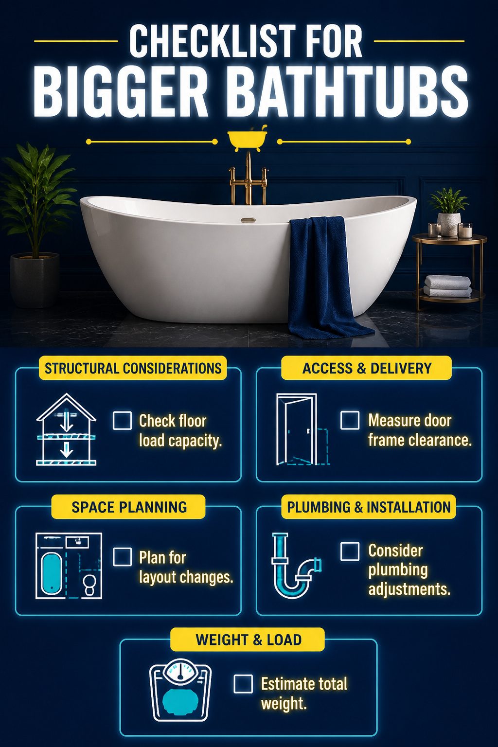 An information image listing considerations for bigger bathtubs.