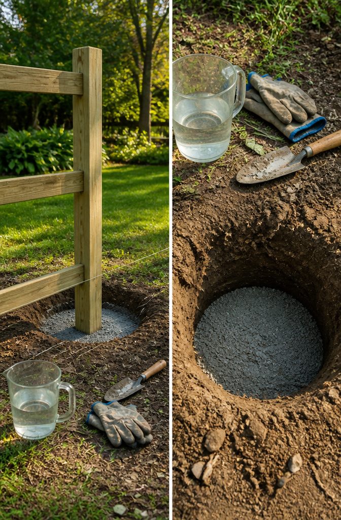 A photograph depicting the dry pour method for fence posts.
