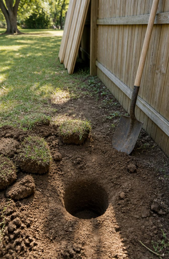 A 12-inch diameter post hole with a shovel nearby.