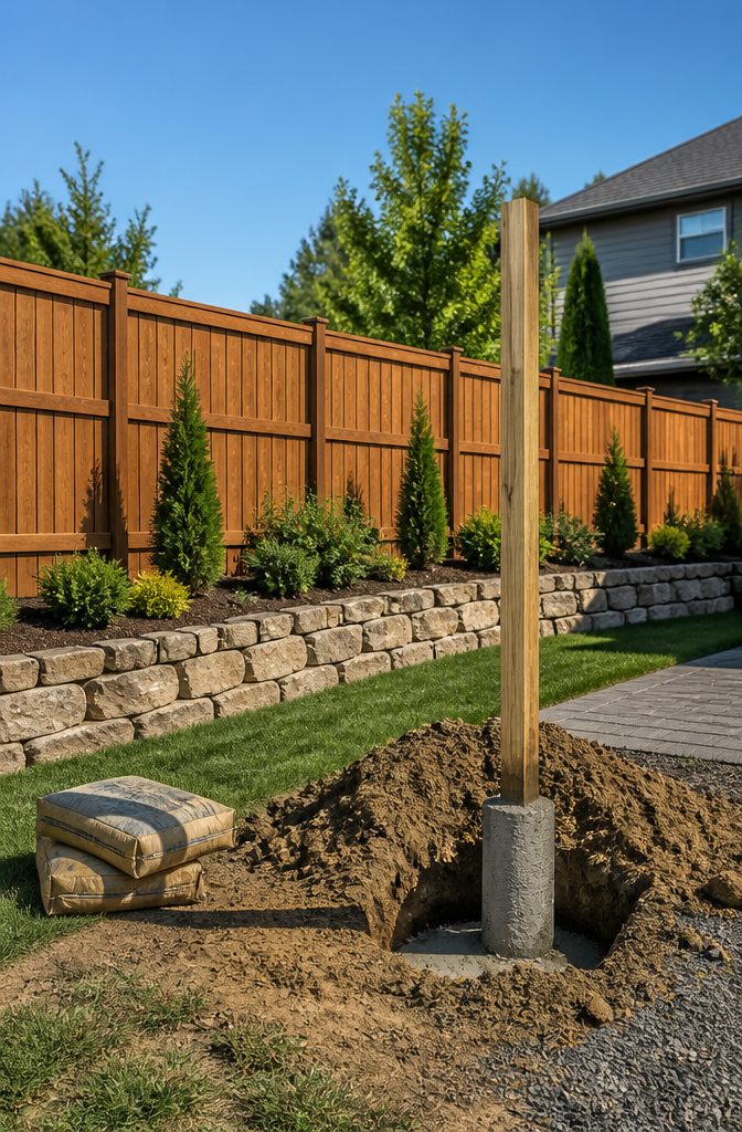 A photograph illustrating the importance of concrete for fence stability.
