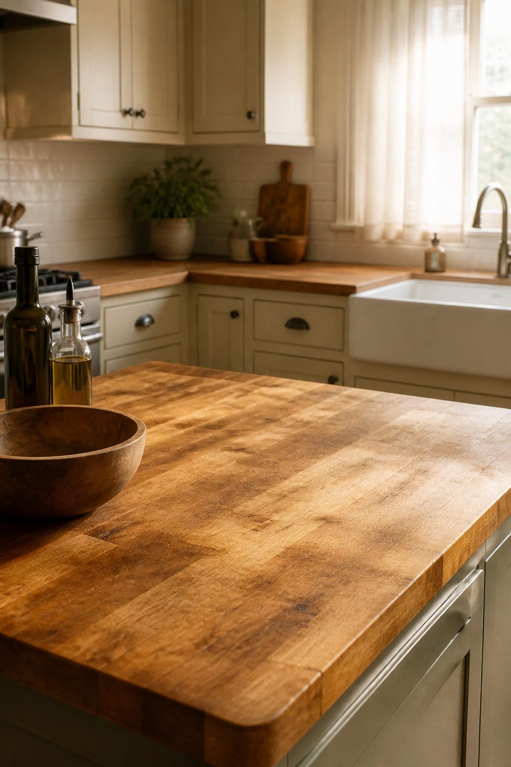 A butcher block countertop with a wooden bowl and olive oil bottles.