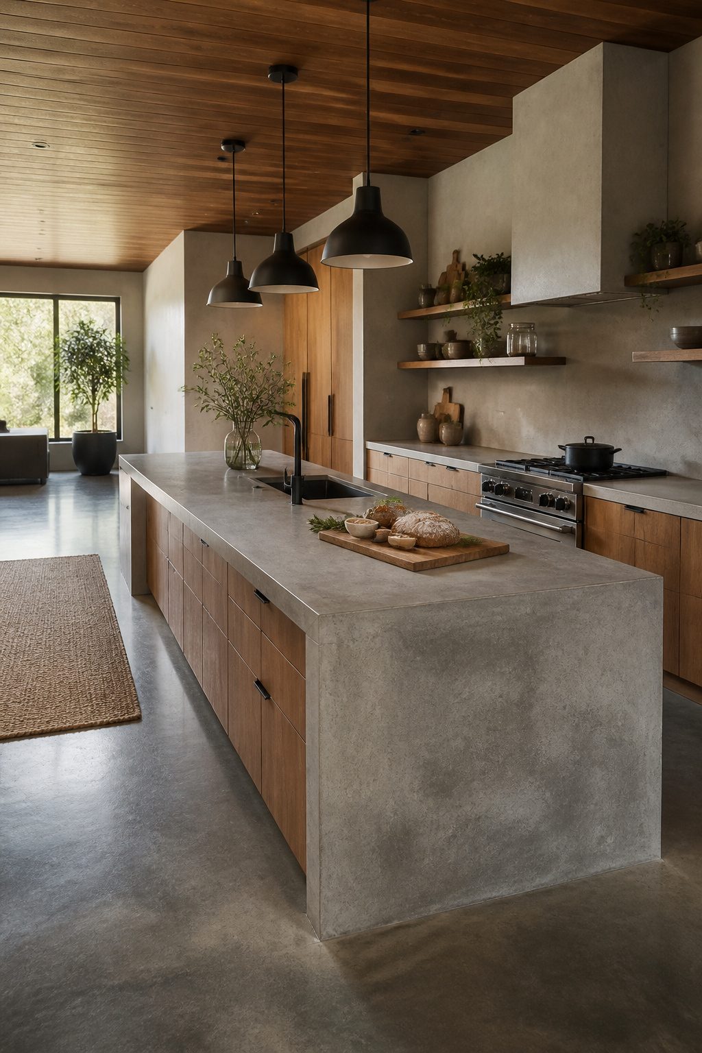 A concrete countertop with a raw finish in an open kitchen.