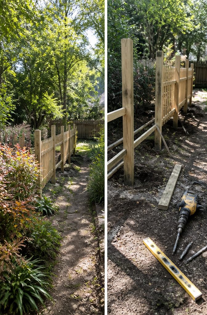 A homeowner working on a wood fence project in their backyard.