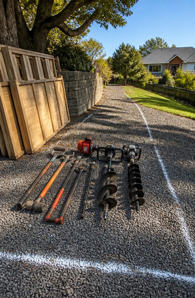 Post-hole diggers and power augers on gravel, ready for fence installation.