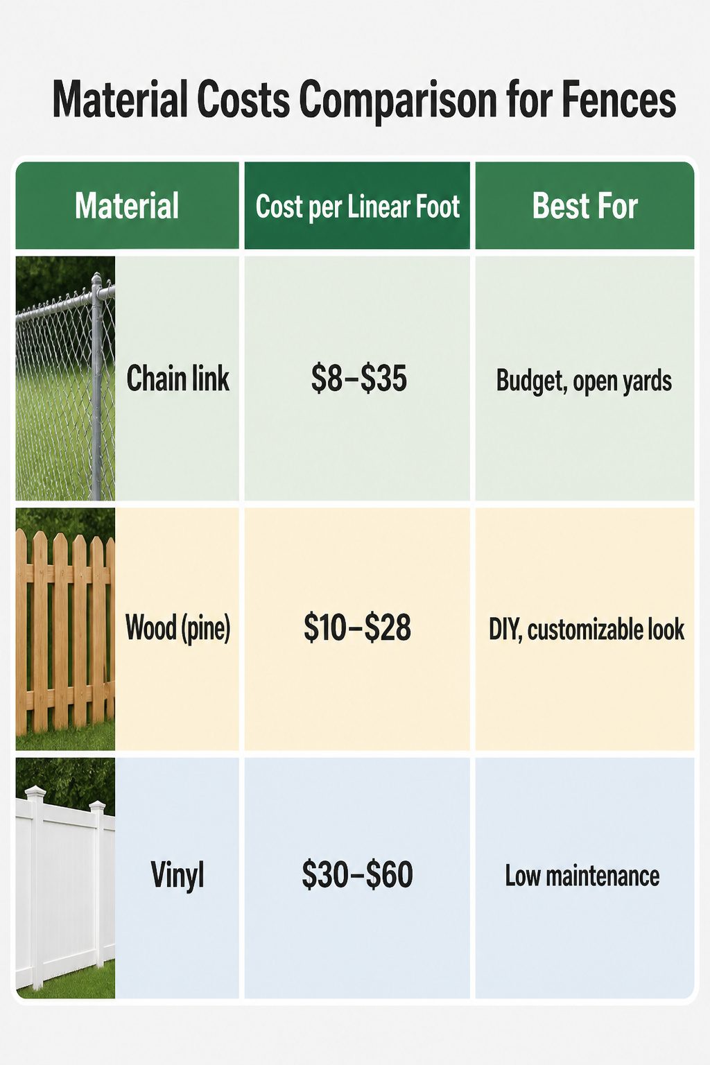 A chart comparing costs per linear foot for chain link, wood, and vinyl fences.