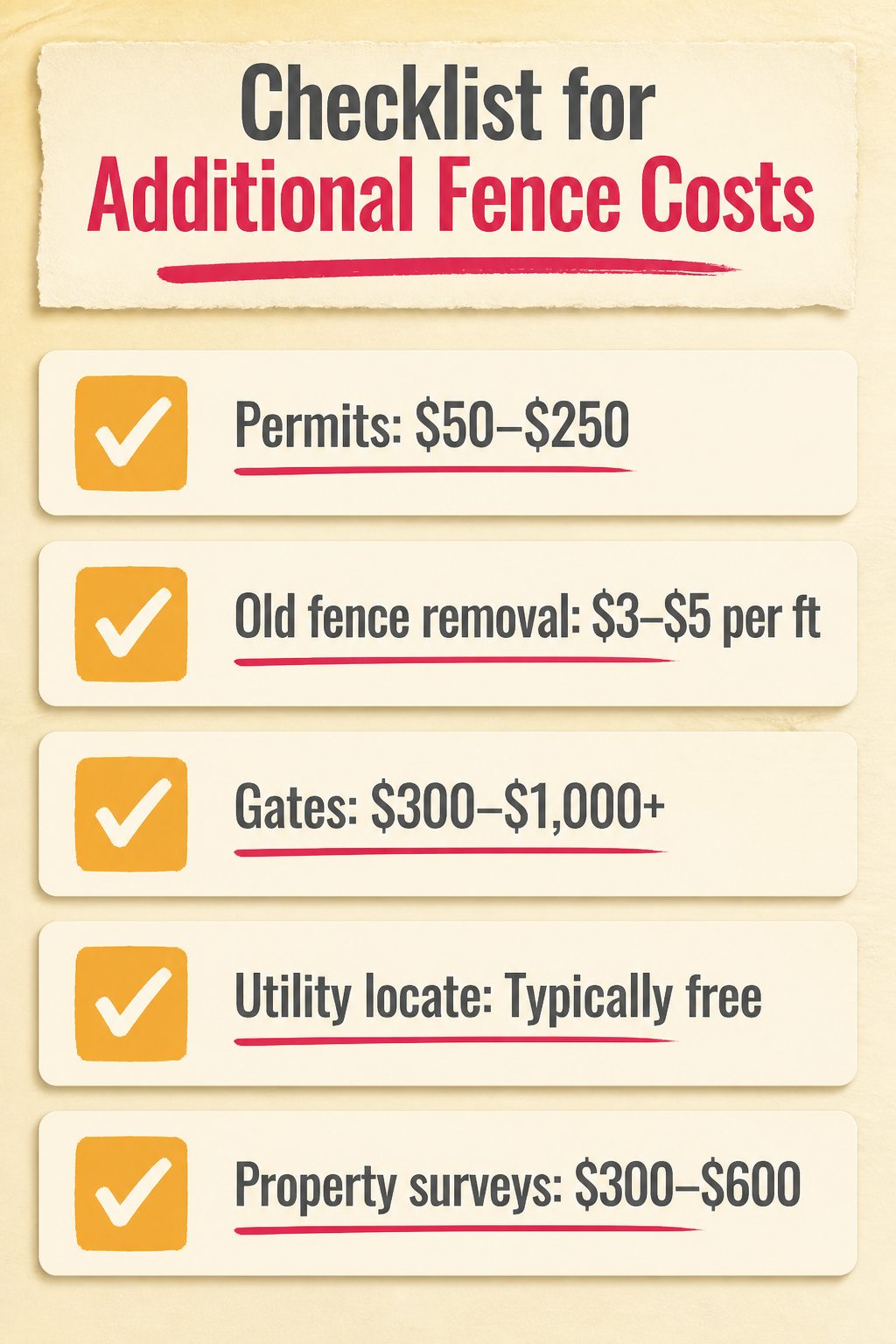 A checklist highlighting extra expenses associated with fence installation.