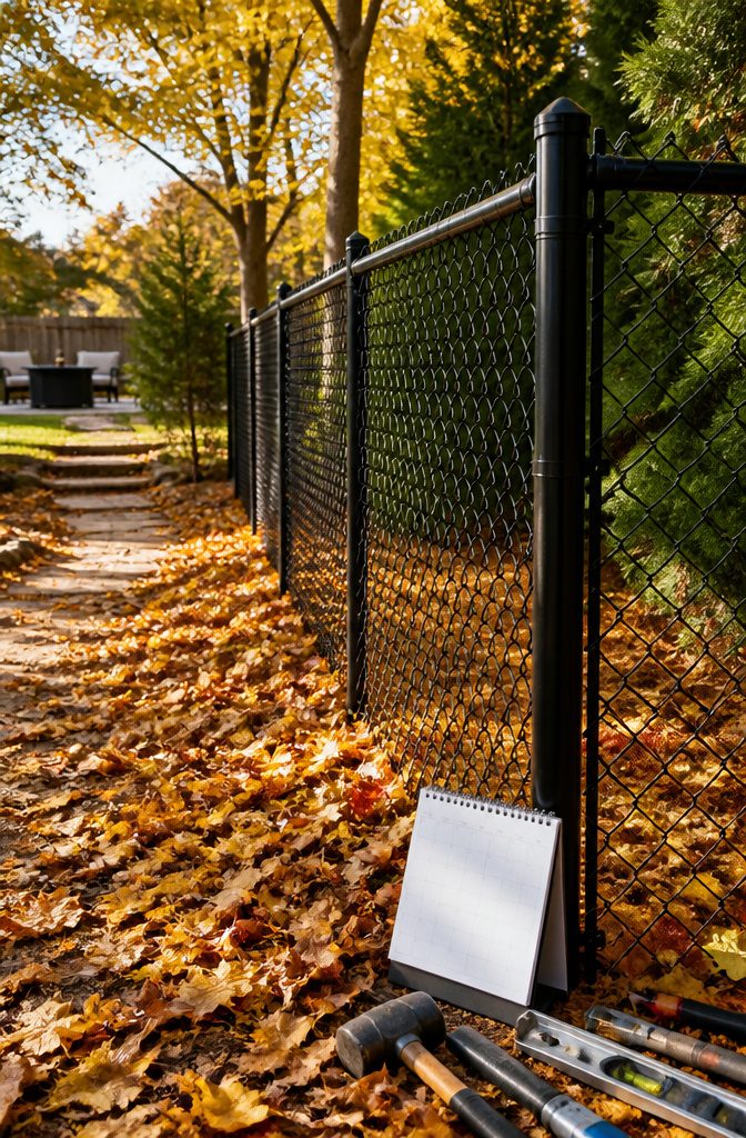 A chain-link fence surrounded by colorful autumn leaves in a yard.