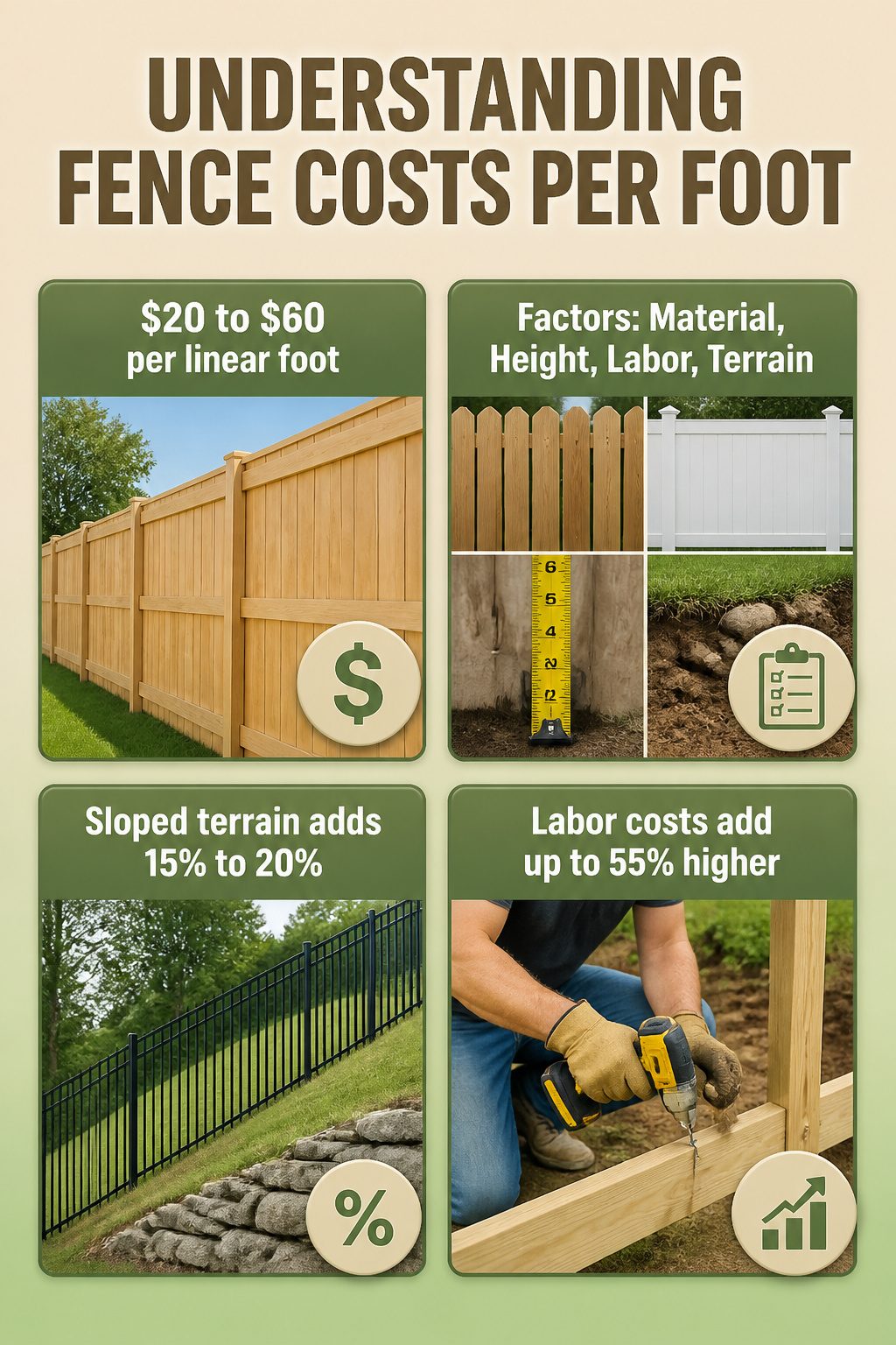 An infographic explaining how fence costs vary based on materials and height.