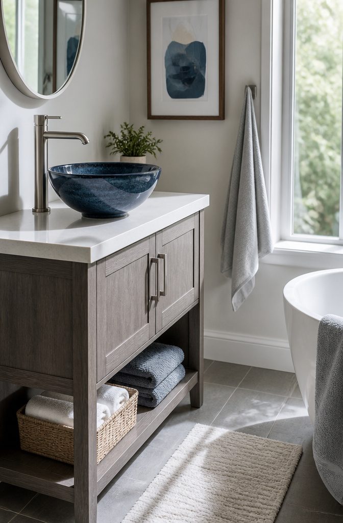 A 30-inch vanity featuring a vessel sink that adds significant height.