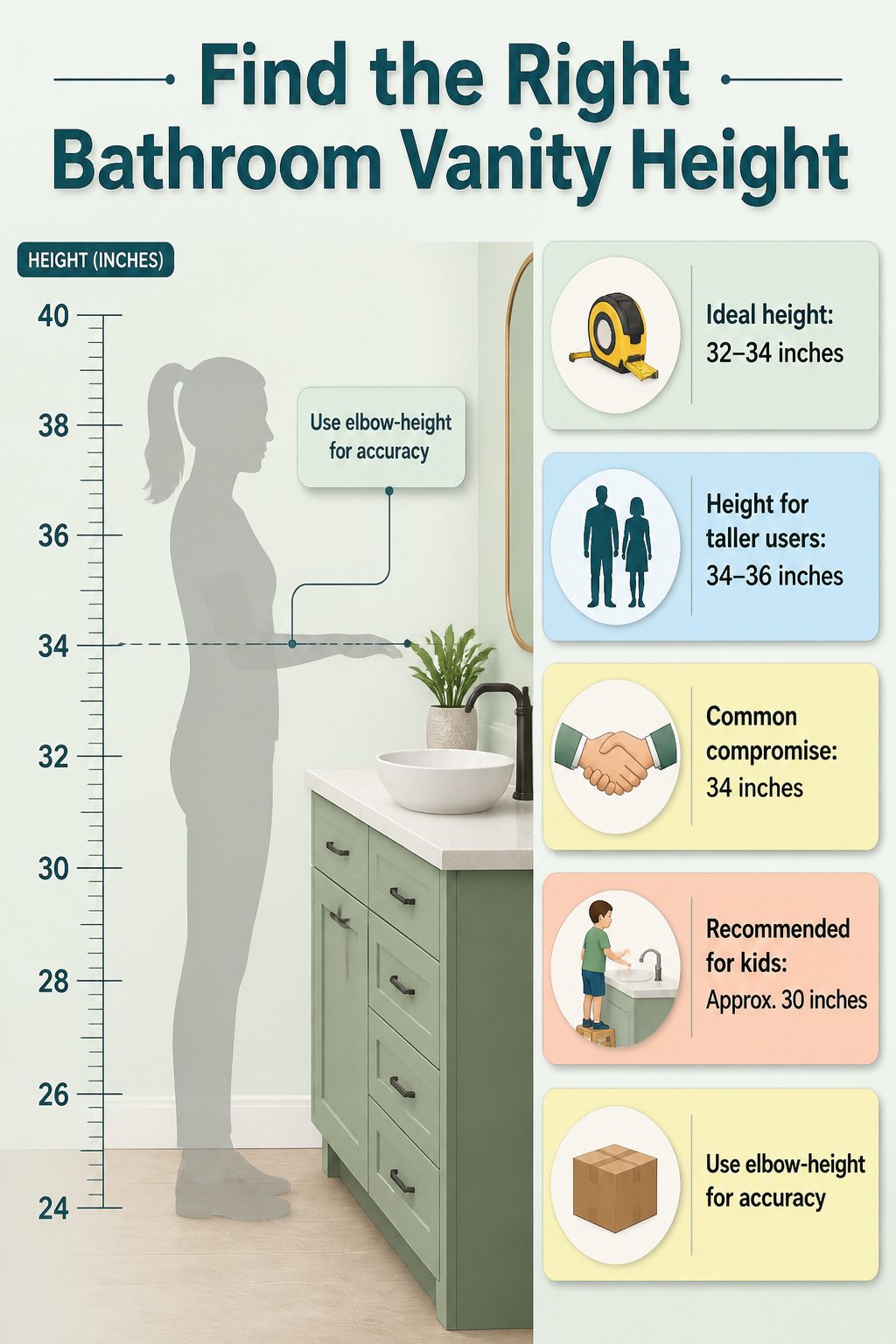 An image illustrating the best bathroom vanity height based on elbow position.