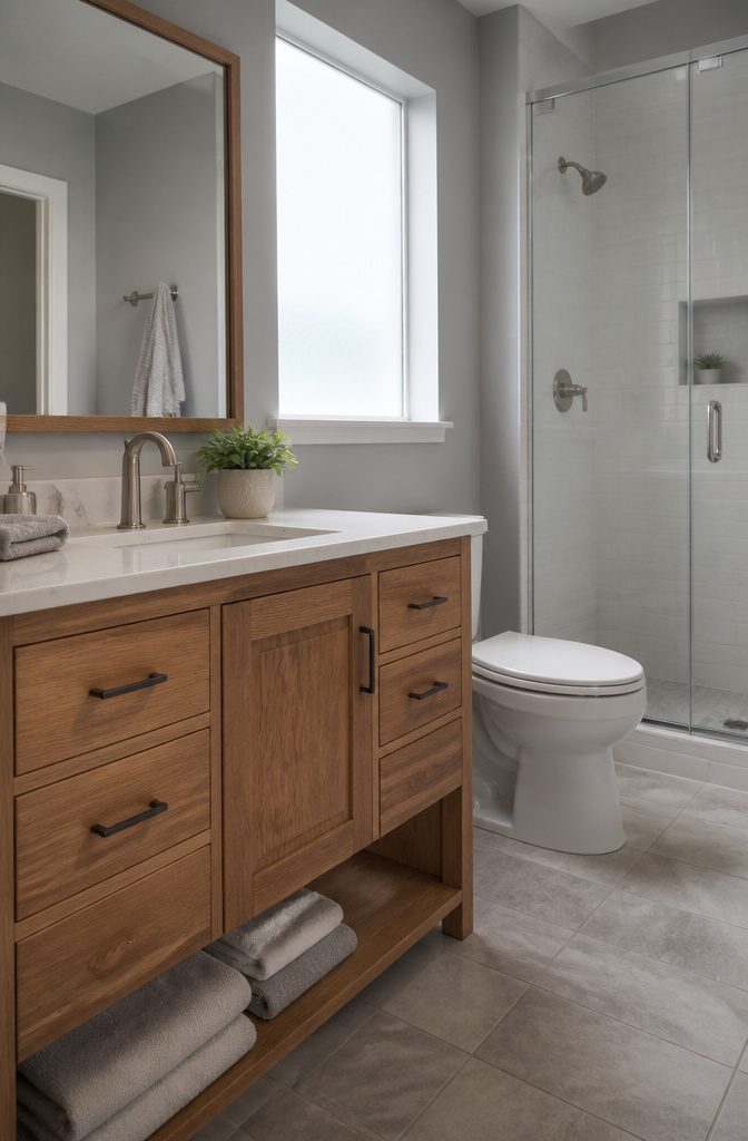 A 32-inch standard height vanity made of oak with a quartz countertop.