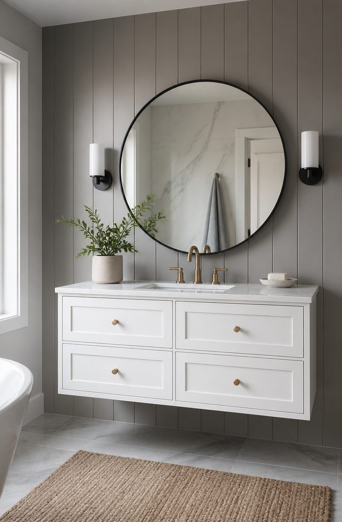 A 34-inch floating vanity with a white marble countertop and circular mirror.