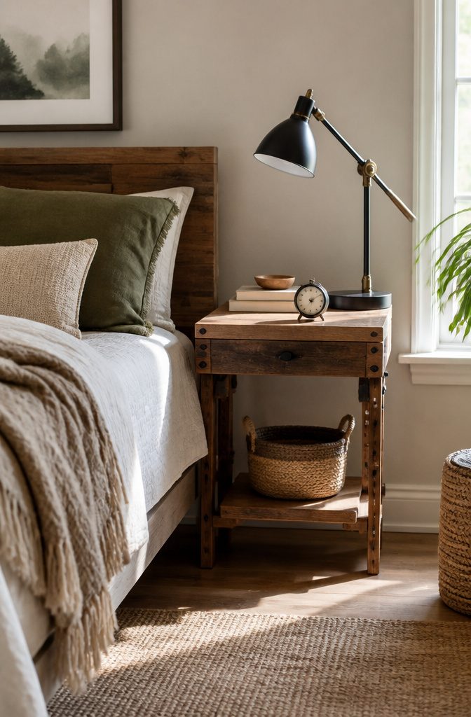 A custom-built nightstand with adjustable height in a cozy bedroom.