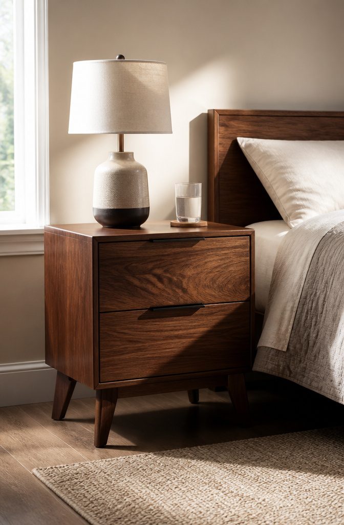 A wooden nightstand with a lamp and glass of water in a softly lit room.