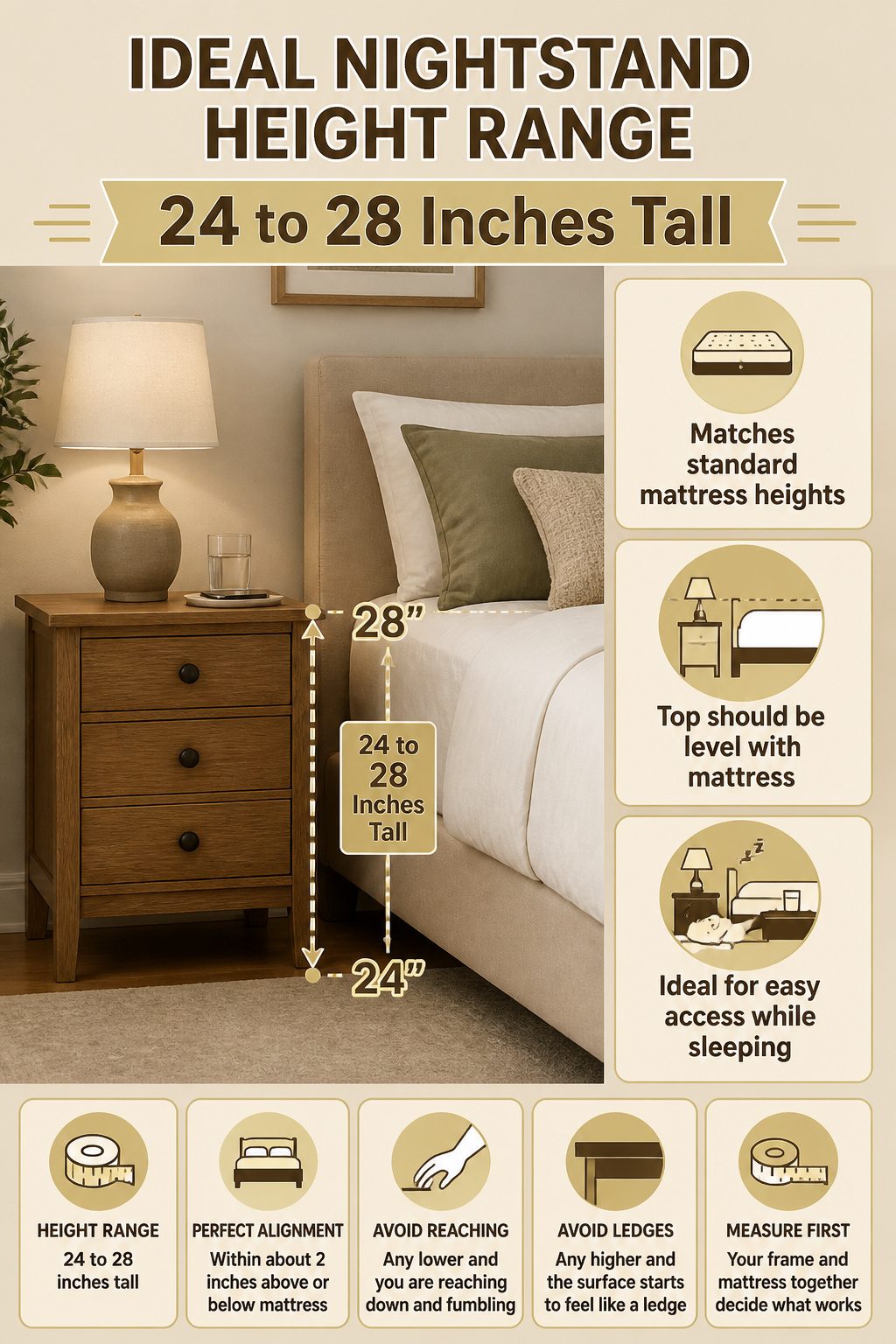 An information image displaying ideal nightstand height range.