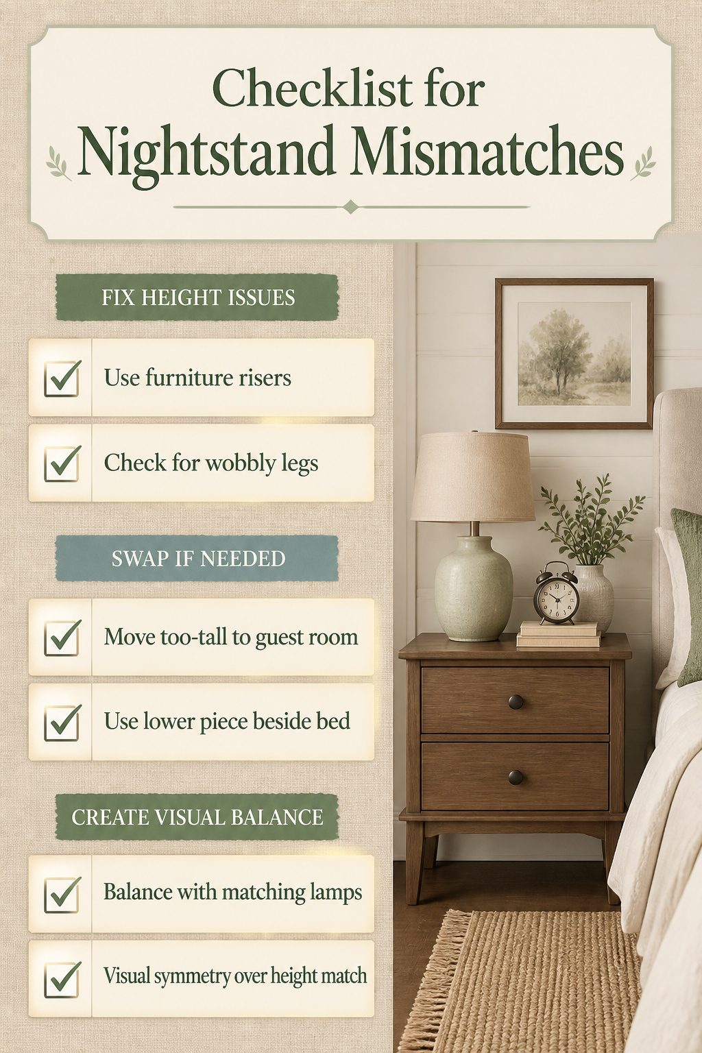 An information image detailing solutions for nightstand height mismatches.