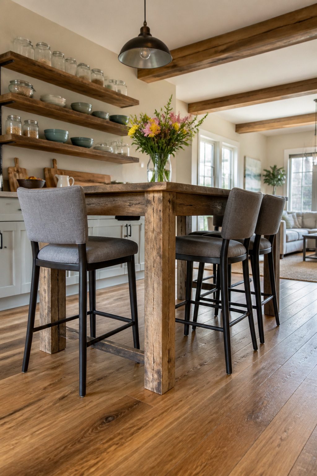 A counter-height table with tall stools, blending with kitchen counters.