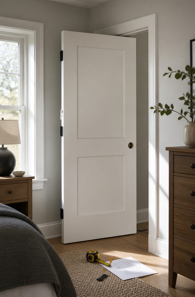 Interior door pinned at hinges with tools for marking hardware placements.