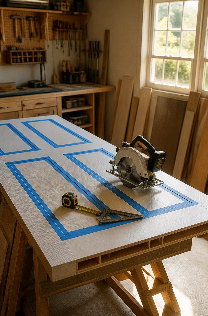 New hollow core door on a workbench with tools for cutting.