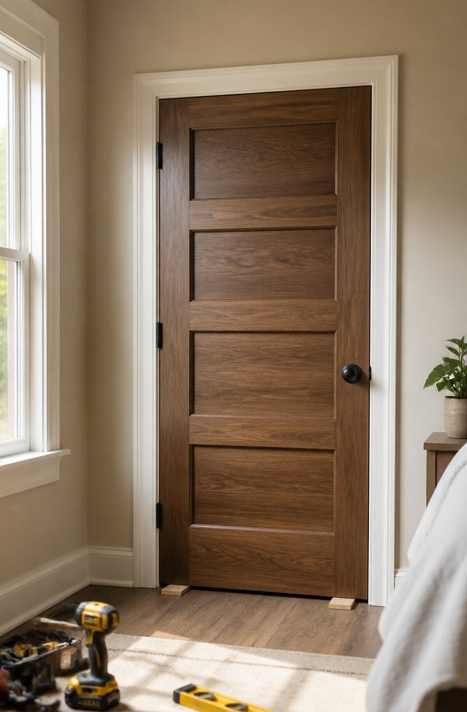 Newly hung door aligned in the frame with shims for leveling.