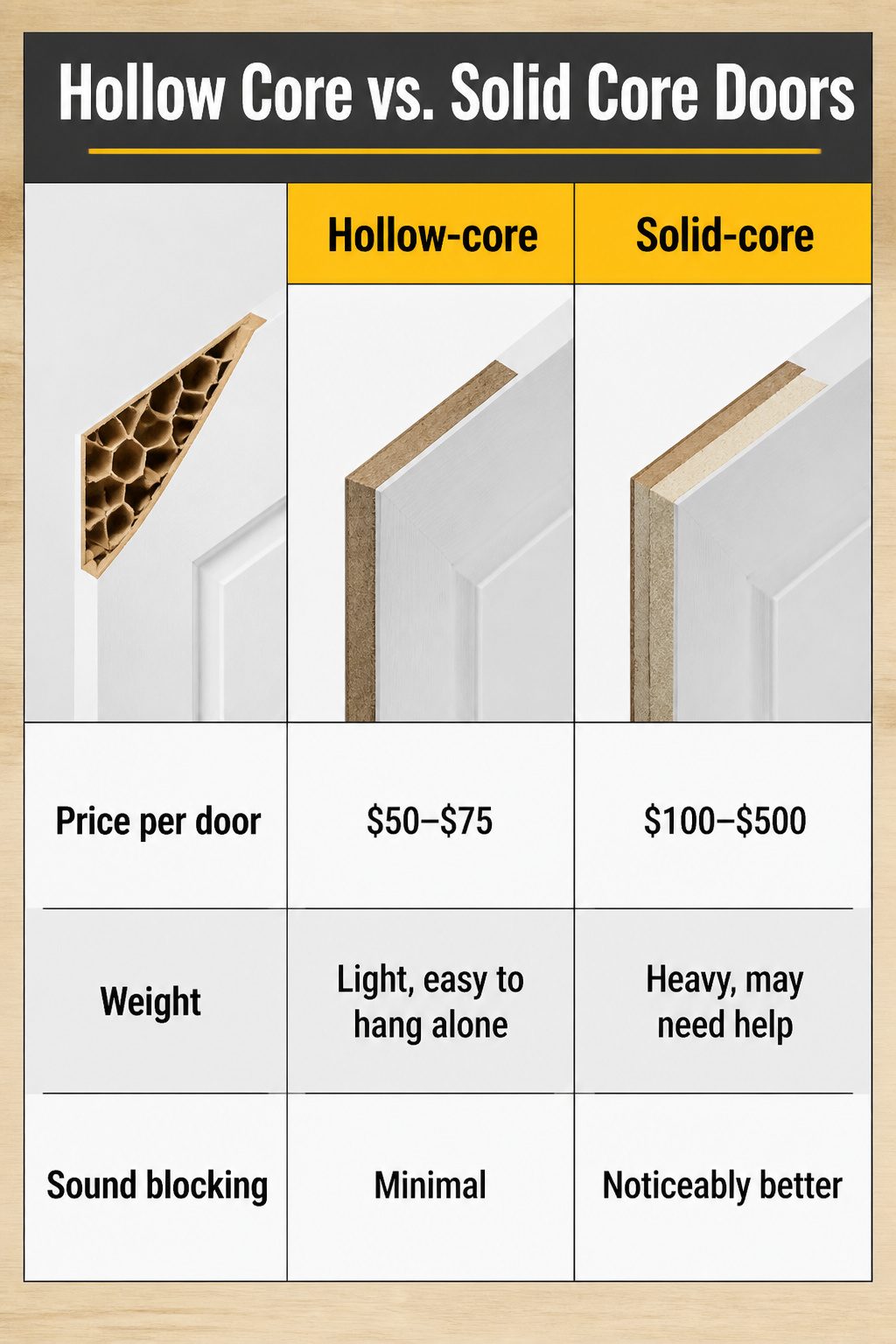 Visual comparison of hollow core and solid core doors with features.