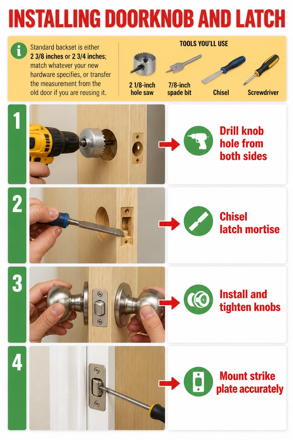 Template and tools for installing doorknob and latch on a door.
