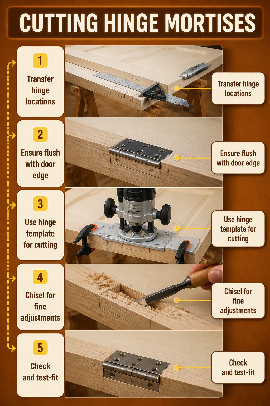 Visual guide for marking and cutting hinge mortises on a door.