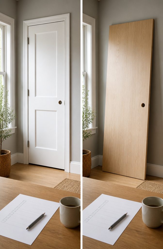 Side-by-side display of pre-hung and slab doors for installation choices.
