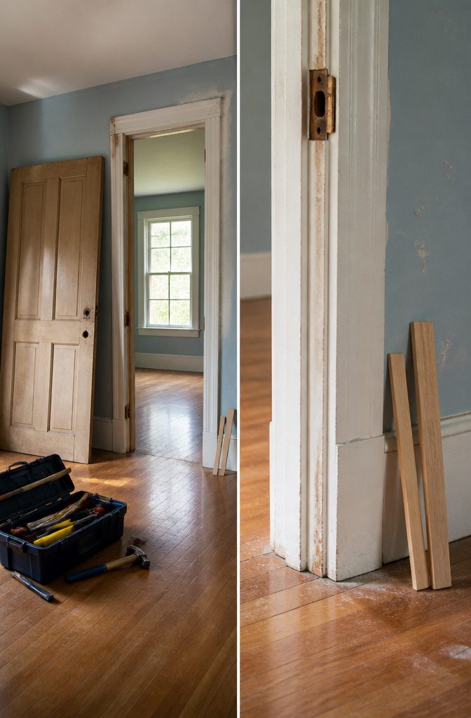 Step-by-step removal of an old door from its hinges.