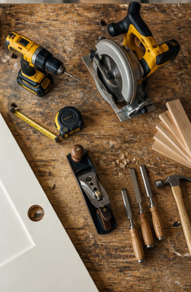 Various tools like drill, saw, and screwdrivers for door installation.