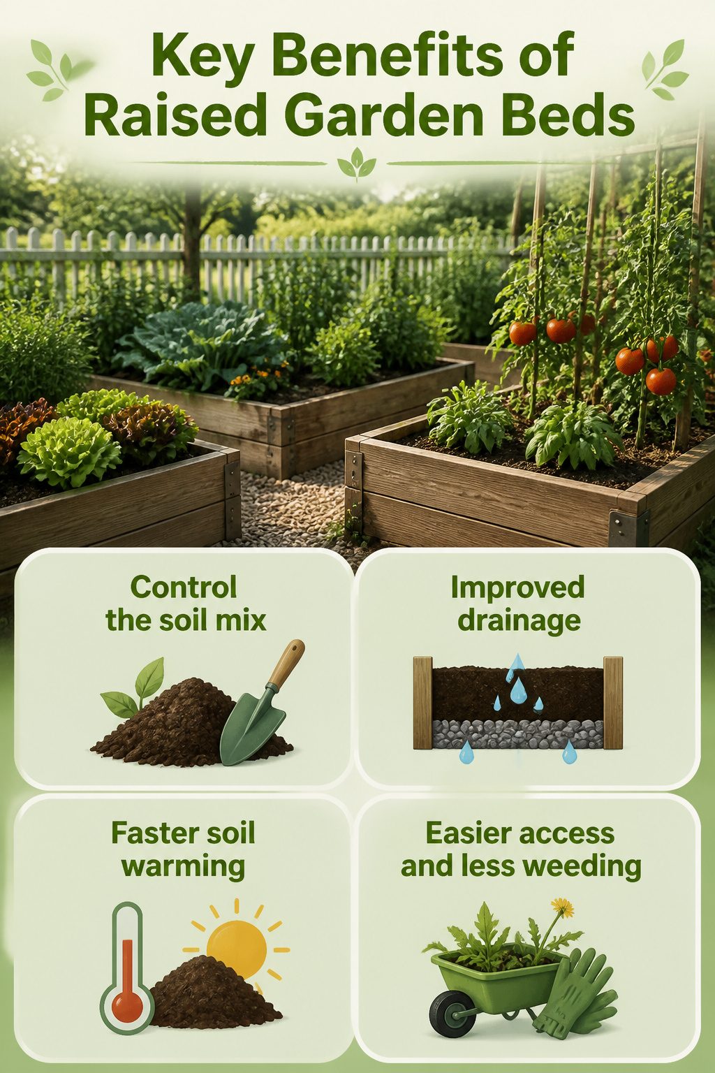 An infographic highlighting the benefits of raised garden beds.