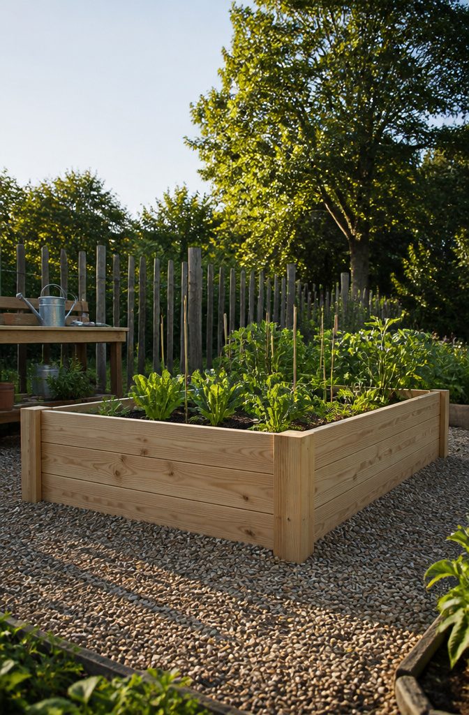 A raised garden bed demonstrating optimal width for gardening.