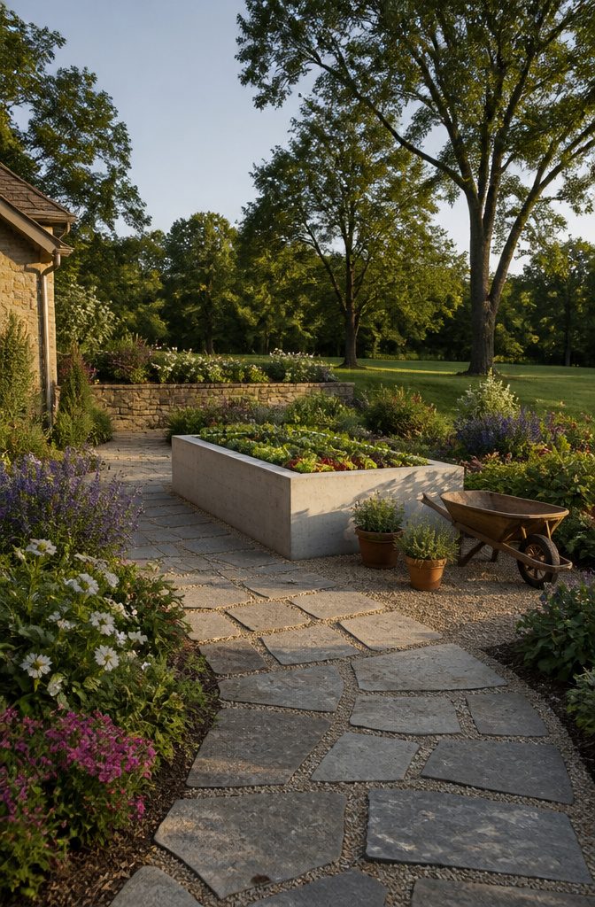 A sturdy concrete raised garden bed in a garden setting.