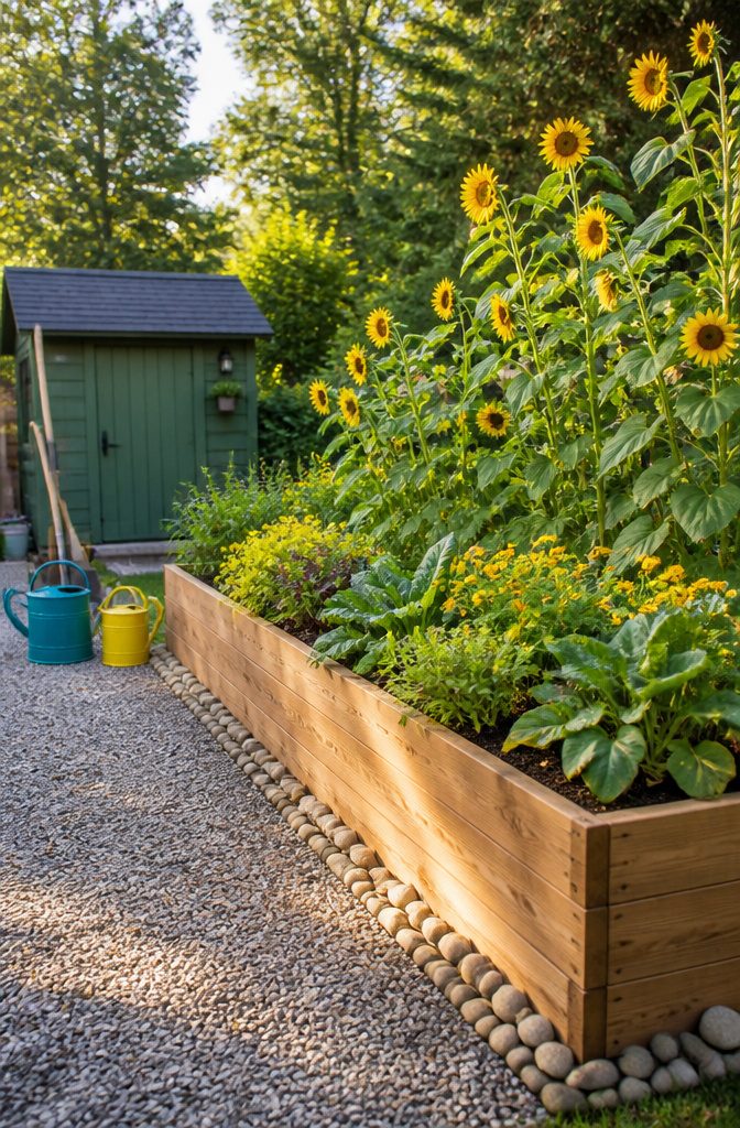 A raised bed surrounded by sunflowers, placed for optimal sunlight.
