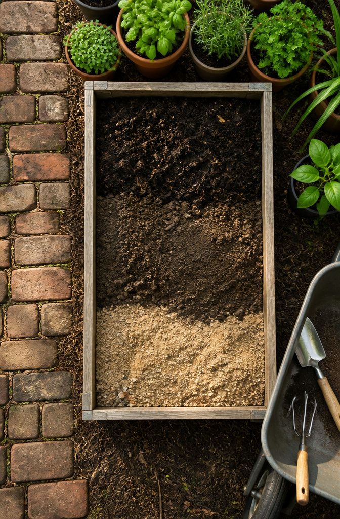 A raised garden bed filled with a 40/40/20 soil mix of topsoil and compost.