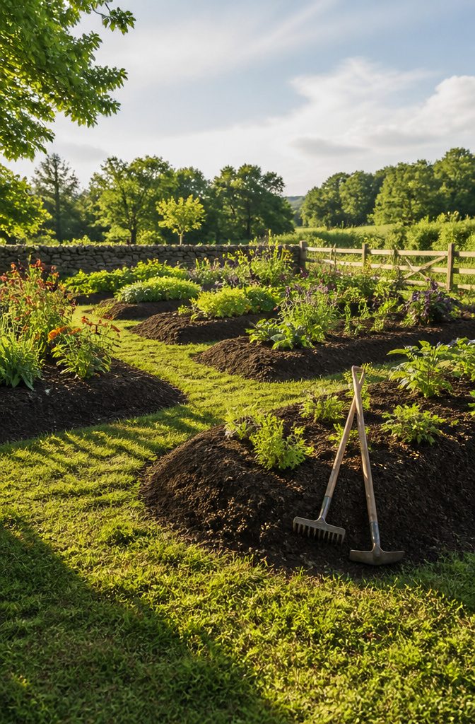 Mounded soil beds without frames, ready for planting.