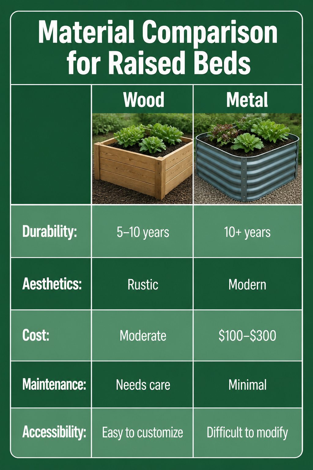 A comparison chart of materials for raised garden beds.