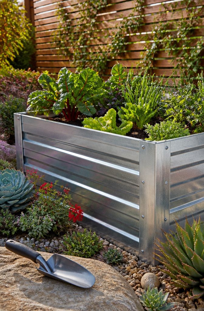 A galvanized steel raised garden bed showcasing its depth and design.