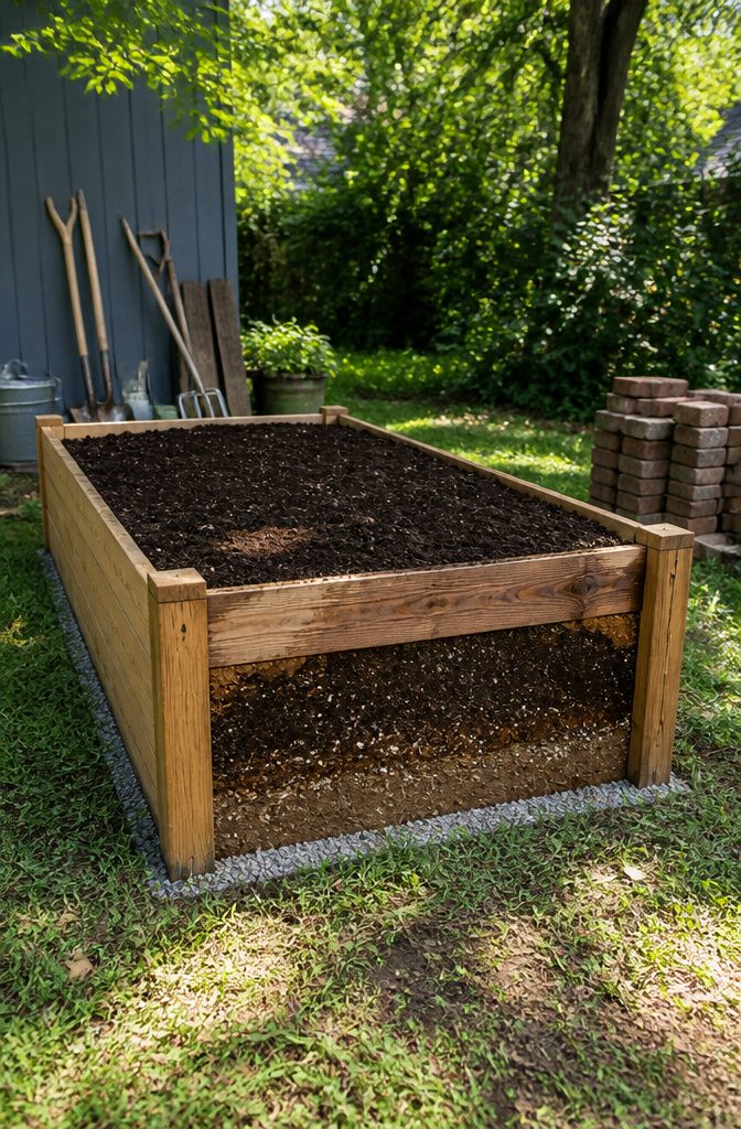 A newly constructed raised garden bed with visible gravel drainage layer.