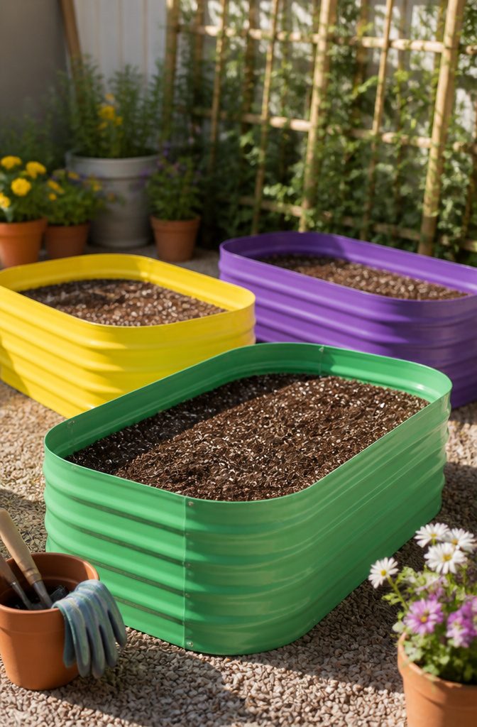 A plastic raised garden bed set up in a garden area.