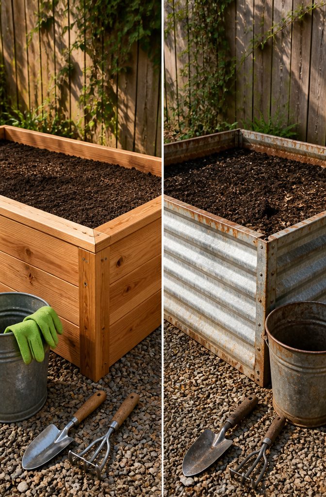 A wooden raised garden bed made of cedar, showing its texture.