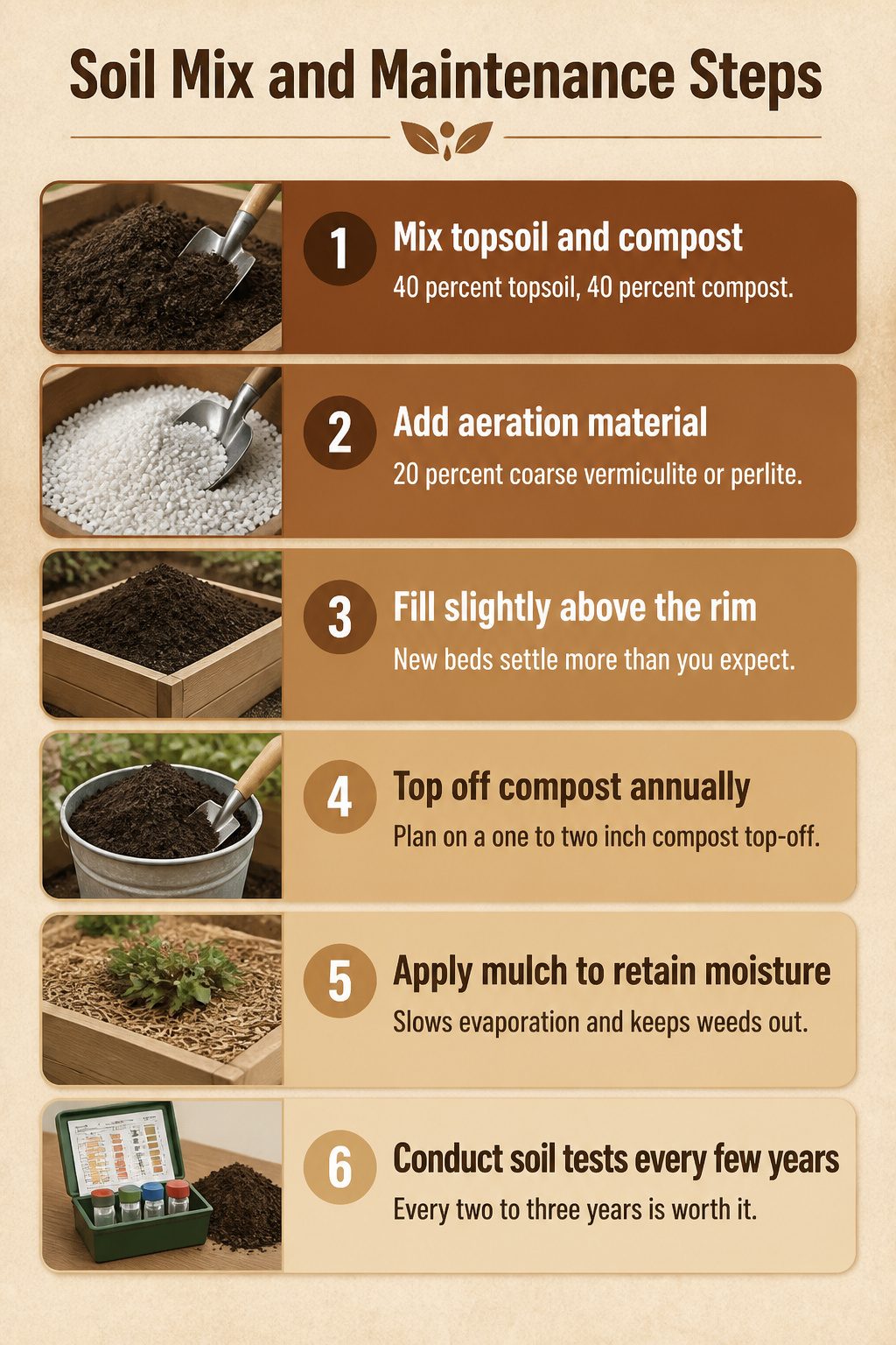 An infographic detailing soil mix and maintenance steps for raised beds.