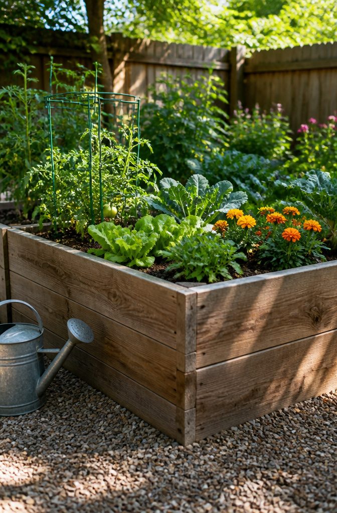 A rustic cedar raised garden bed surrounded by flowers and vegetables.